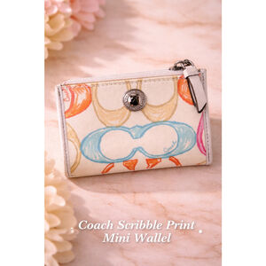 Coach Scribble Print Mini Zip Card Case Keychain Wallet Pouch